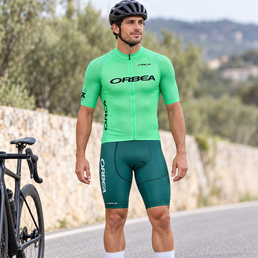 Cyclist wearing Green Pro Team-Inspired Cycling Jersey & Bib Shorts Set