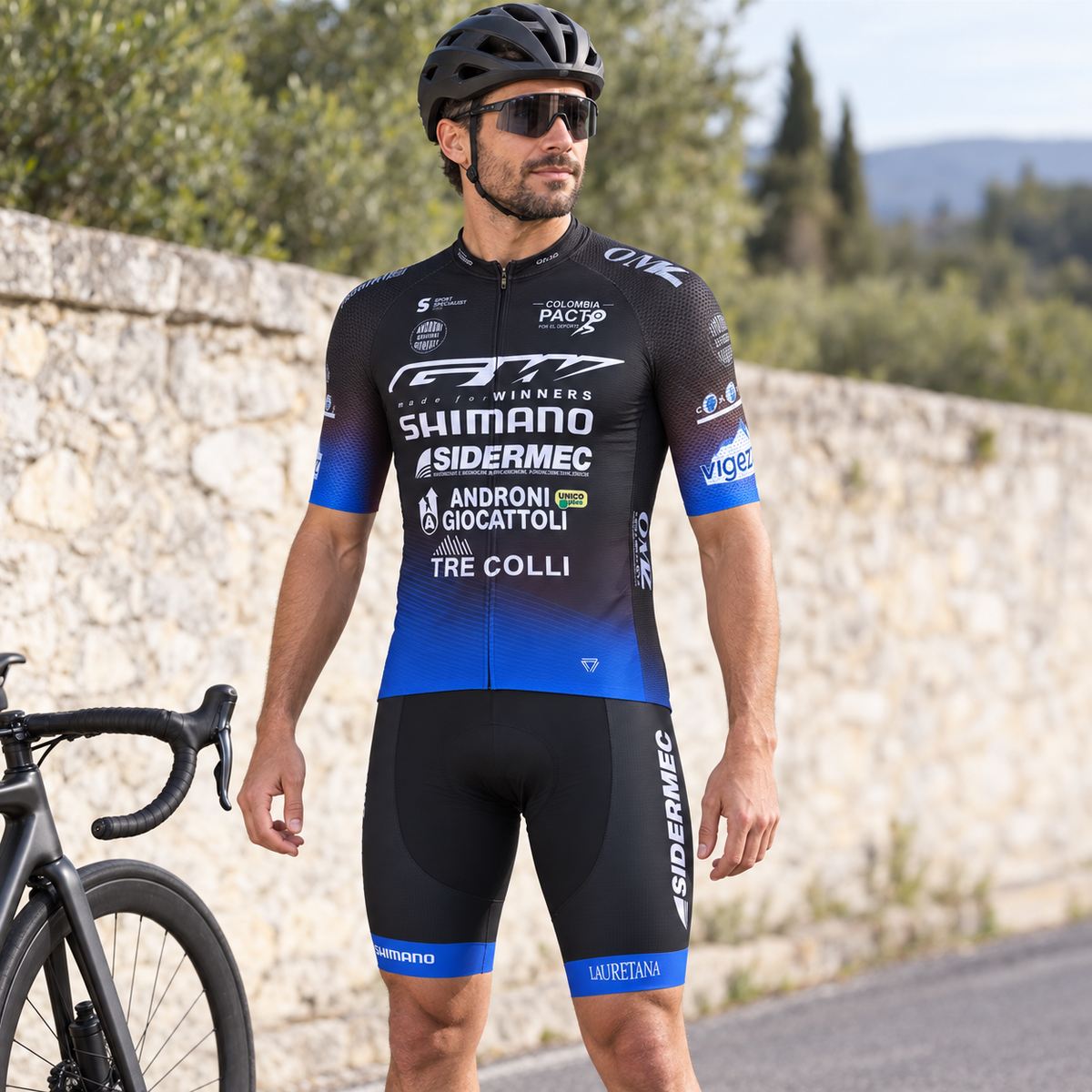 Cyclist wearing Men's 19D Padded Cycling Jersey & Bib Set