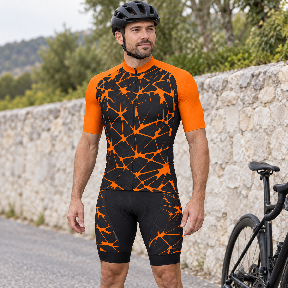 Cyclist wearing Men's Camouflage Cycling Jersey & Bib Shorts Set
