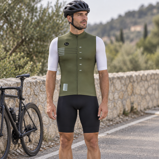 Cyclist wearing Men's UV-Protective Compression Cycling Jersey