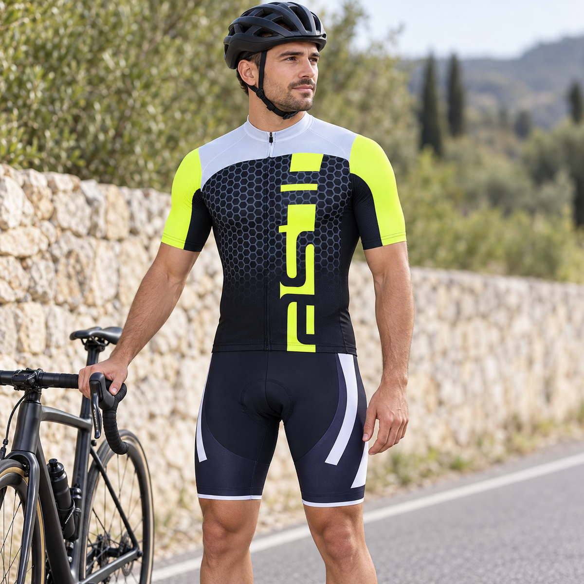 Cyclist wearing Men's Yellow & Black Summer Cycling Kit