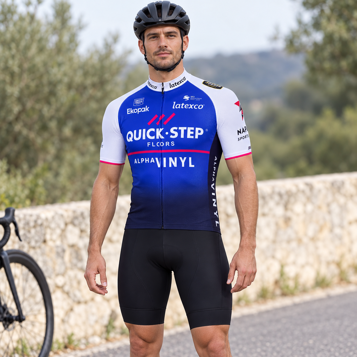 Cyclist wearing Quick-Step Short-Sleeve Cycling Jersey