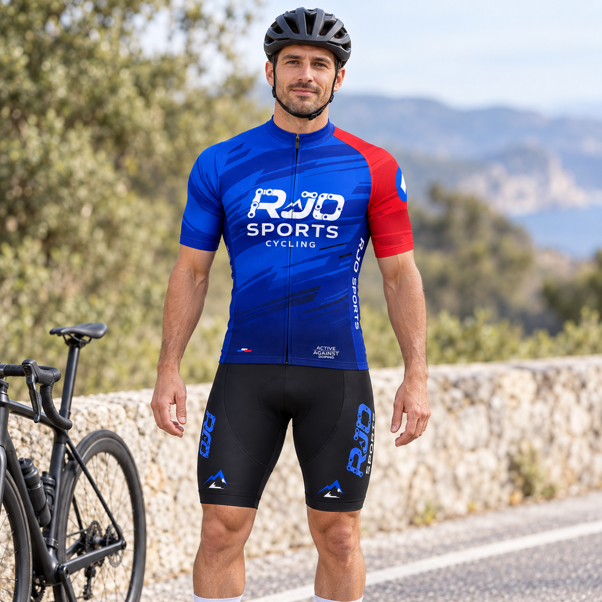Cyclist wearing RJO Original Cycling Jersey & Bib Shorts Set 04