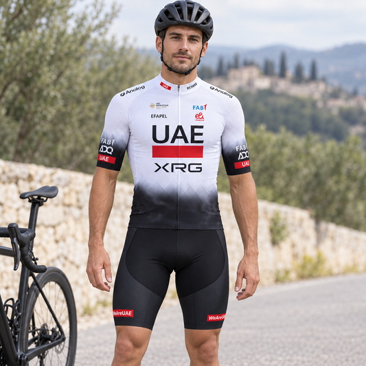 Cyclist wearing UAE Team-Inspired Cycling Jersey & Shorts Set