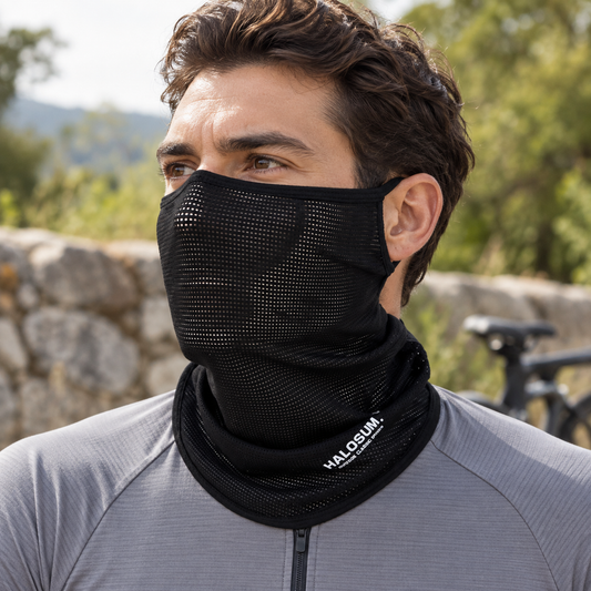 Cyclist wearing Cooling Mesh Cycling Face Cover & Neck Gaiter