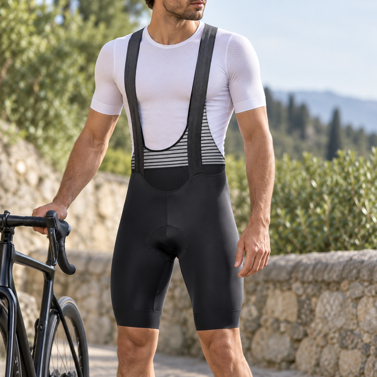 Cyclist wearing DAREVIE Seamless 6-Hour Padded Cycling Bib Shorts