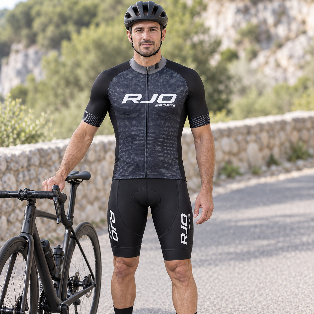 Cyclist wearing RJO Original Cycling Jersey & Bib Shorts Set 01